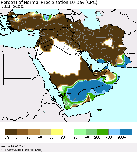 Middle East and Turkey Percent of Normal Precipitation 10-Day (CPC) Thematic Map For 7/11/2022 - 7/20/2022