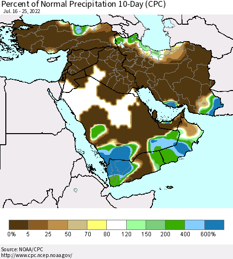 Middle East and Turkey Percent of Normal Precipitation 10-Day (CPC) Thematic Map For 7/16/2022 - 7/25/2022