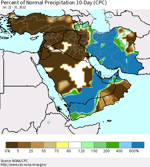 Middle East and Turkey Percent of Normal Precipitation 10-Day (CPC) Thematic Map For 7/21/2022 - 7/31/2022