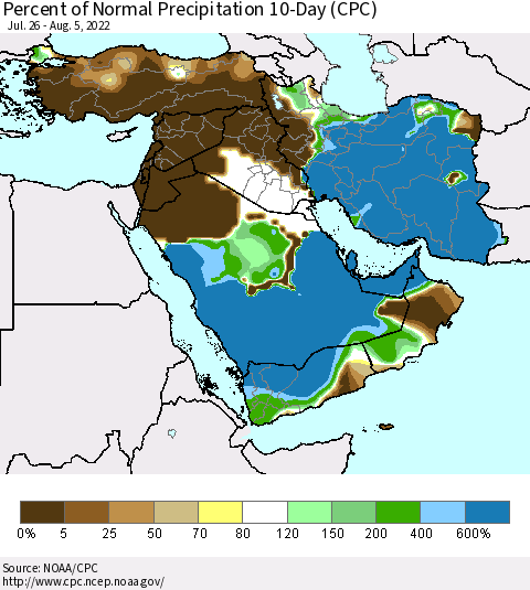 Middle East and Turkey Percent of Normal Precipitation 10-Day (CPC) Thematic Map For 7/26/2022 - 8/5/2022