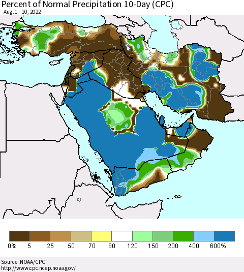 Middle East and Turkey Percent of Normal Precipitation 10-Day (CPC) Thematic Map For 8/1/2022 - 8/10/2022