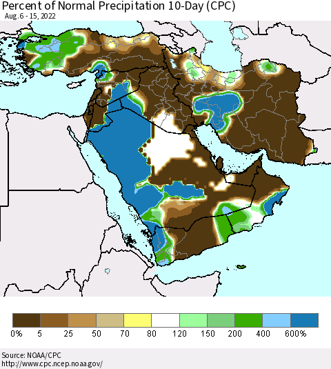 Middle East and Turkey Percent of Normal Precipitation 10-Day (CPC) Thematic Map For 8/6/2022 - 8/15/2022