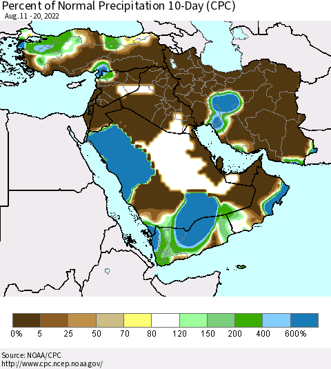 Middle East and Turkey Percent of Normal Precipitation 10-Day (CPC) Thematic Map For 8/11/2022 - 8/20/2022