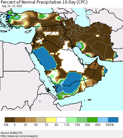 Middle East and Turkey Percent of Normal Precipitation 10-Day (CPC) Thematic Map For 8/16/2022 - 8/25/2022