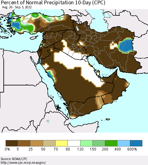 Middle East and Turkey Percent of Normal Precipitation 10-Day (CPC) Thematic Map For 8/26/2022 - 9/5/2022