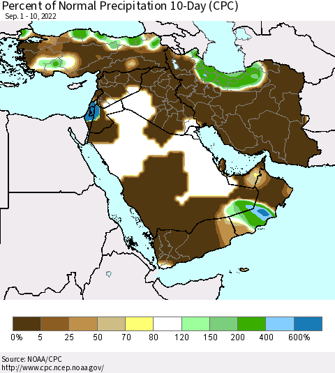 Middle East and Turkey Percent of Normal Precipitation 10-Day (CPC) Thematic Map For 9/1/2022 - 9/10/2022