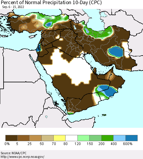 Middle East and Turkey Percent of Normal Precipitation 10-Day (CPC) Thematic Map For 9/6/2022 - 9/15/2022