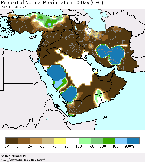 Middle East and Turkey Percent of Normal Precipitation 10-Day (CPC) Thematic Map For 9/11/2022 - 9/20/2022