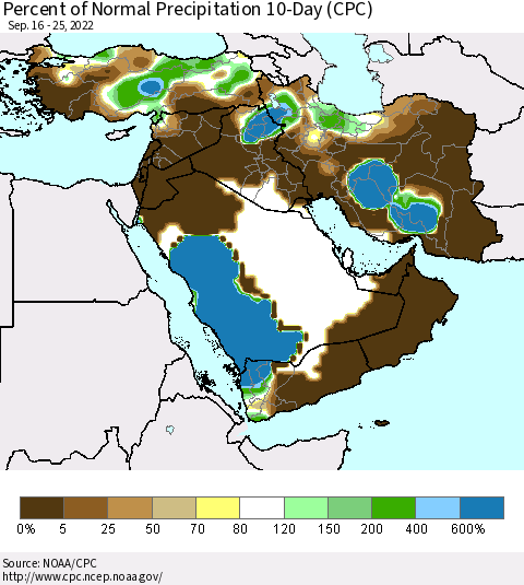Middle East and Turkey Percent of Normal Precipitation 10-Day (CPC) Thematic Map For 9/16/2022 - 9/25/2022