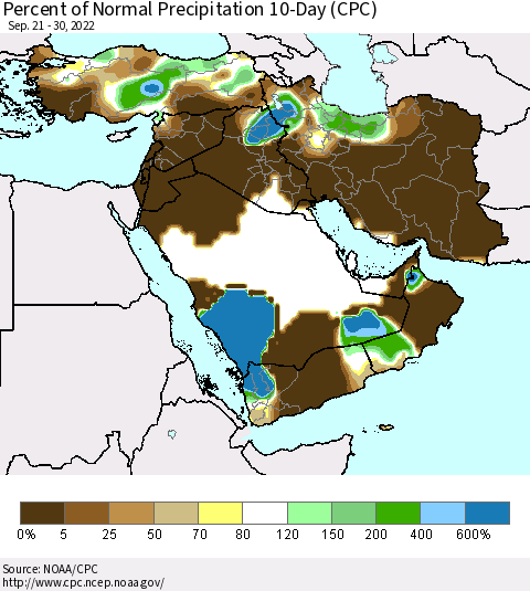 Middle East and Turkey Percent of Normal Precipitation 10-Day (CPC) Thematic Map For 9/21/2022 - 9/30/2022