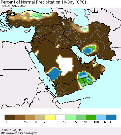 Middle East and Turkey Percent of Normal Precipitation 10-Day (CPC) Thematic Map For 9/26/2022 - 10/5/2022