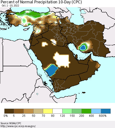 Middle East and Turkey Percent of Normal Precipitation 10-Day (CPC) Thematic Map For 10/1/2022 - 10/10/2022