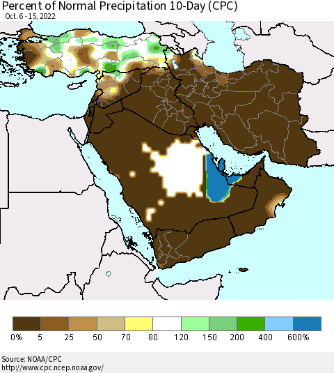 Middle East and Turkey Percent of Normal Precipitation 10-Day (CPC) Thematic Map For 10/6/2022 - 10/15/2022
