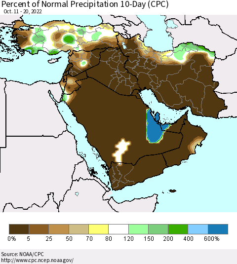 Middle East and Turkey Percent of Normal Precipitation 10-Day (CPC) Thematic Map For 10/11/2022 - 10/20/2022