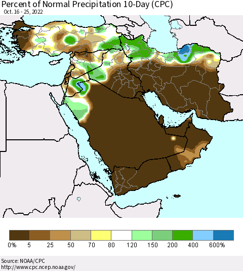 Middle East and Turkey Percent of Normal Precipitation 10-Day (CPC) Thematic Map For 10/16/2022 - 10/25/2022