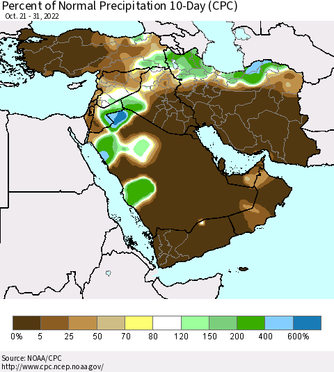 Middle East and Turkey Percent of Normal Precipitation 10-Day (CPC) Thematic Map For 10/21/2022 - 10/31/2022