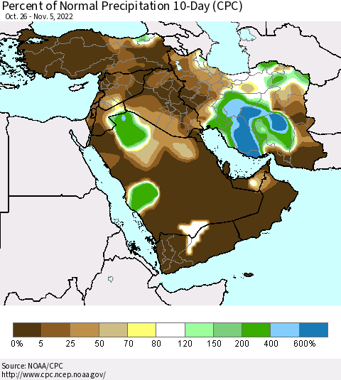 Middle East and Turkey Percent of Normal Precipitation 10-Day (CPC) Thematic Map For 10/26/2022 - 11/5/2022