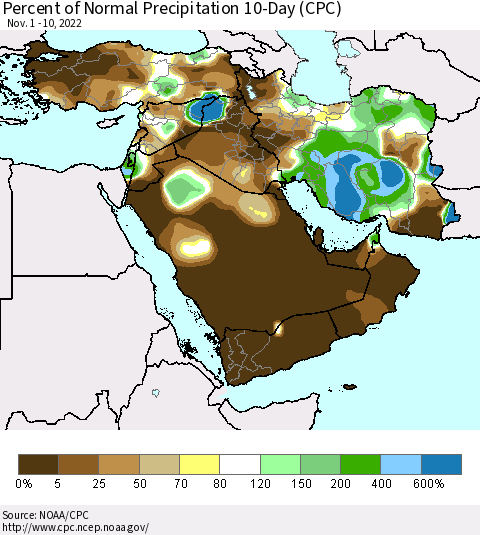 Middle East and Turkey Percent of Normal Precipitation 10-Day (CPC) Thematic Map For 11/1/2022 - 11/10/2022