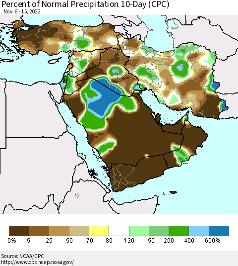 Middle East and Turkey Percent of Normal Precipitation 10-Day (CPC) Thematic Map For 11/6/2022 - 11/15/2022