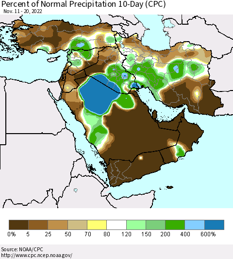 Middle East and Turkey Percent of Normal Precipitation 10-Day (CPC) Thematic Map For 11/11/2022 - 11/20/2022