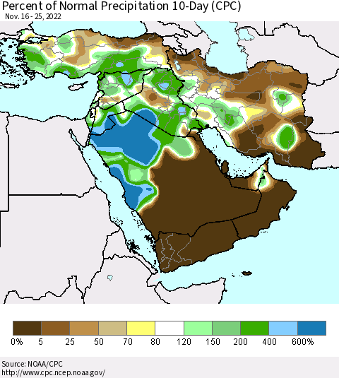 Middle East and Turkey Percent of Normal Precipitation 10-Day (CPC) Thematic Map For 11/16/2022 - 11/25/2022