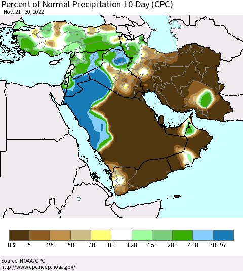 Middle East and Turkey Percent of Normal Precipitation 10-Day (CPC) Thematic Map For 11/21/2022 - 11/30/2022