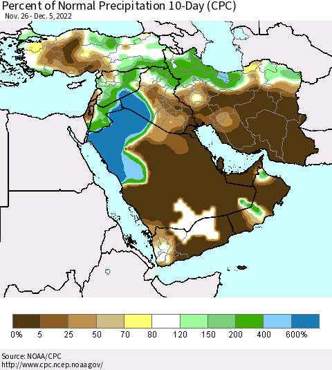 Middle East and Turkey Percent of Normal Precipitation 10-Day (CPC) Thematic Map For 11/26/2022 - 12/5/2022