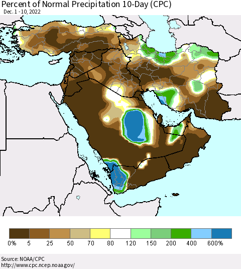 Middle East and Turkey Percent of Normal Precipitation 10-Day (CPC) Thematic Map For 12/1/2022 - 12/10/2022
