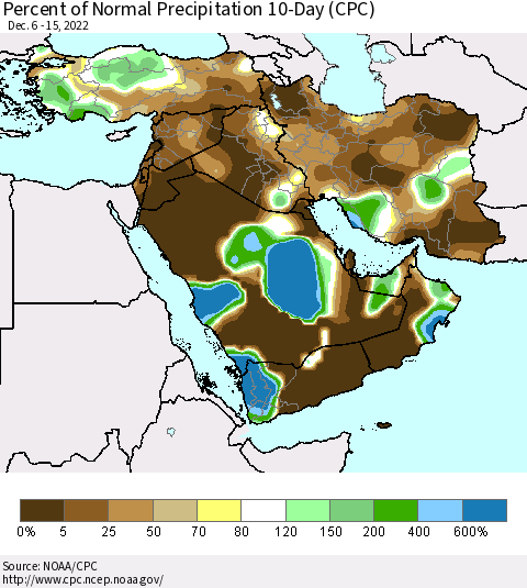 Middle East and Turkey Percent of Normal Precipitation 10-Day (CPC) Thematic Map For 12/6/2022 - 12/15/2022