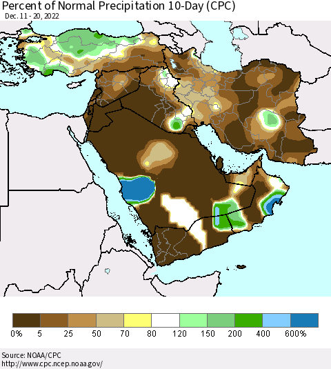 Middle East and Turkey Percent of Normal Precipitation 10-Day (CPC) Thematic Map For 12/11/2022 - 12/20/2022