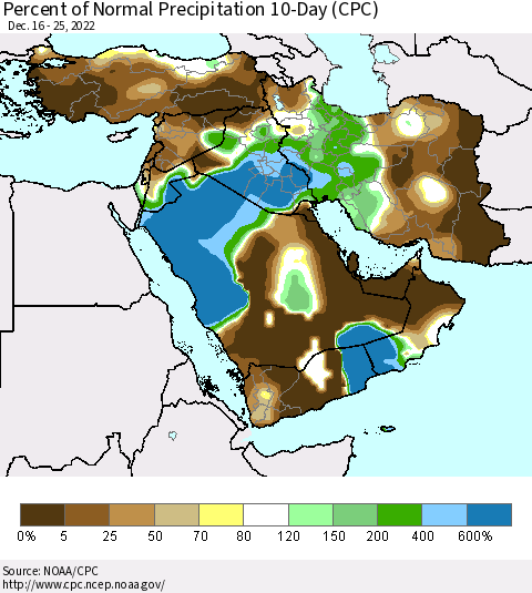 Middle East and Turkey Percent of Normal Precipitation 10-Day (CPC) Thematic Map For 12/16/2022 - 12/25/2022