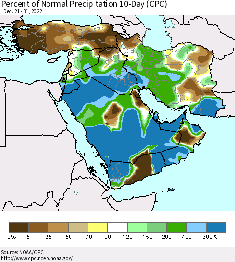 Middle East and Turkey Percent of Normal Precipitation 10-Day (CPC) Thematic Map For 12/21/2022 - 12/31/2022