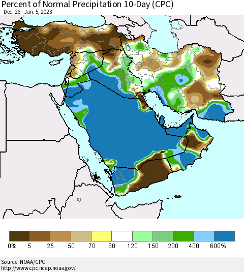 Middle East and Turkey Percent of Normal Precipitation 10-Day (CPC) Thematic Map For 12/26/2022 - 1/5/2023