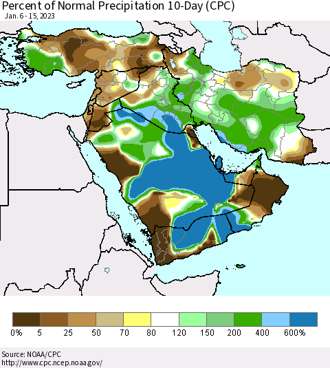 Middle East and Turkey Percent of Normal Precipitation 10-Day (CPC) Thematic Map For 1/6/2023 - 1/15/2023