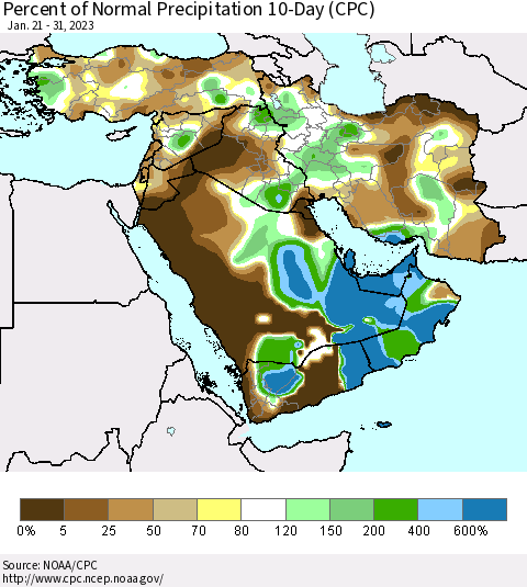 Middle East and Turkey Percent of Normal Precipitation 10-Day (CPC) Thematic Map For 1/21/2023 - 1/31/2023