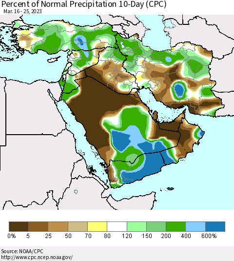 Middle East and Turkey Percent of Normal Precipitation 10-Day (CPC) Thematic Map For 3/16/2023 - 3/25/2023