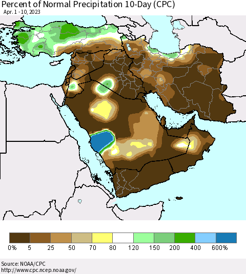 Middle East and Turkey Percent of Normal Precipitation 10-Day (CPC) Thematic Map For 4/1/2023 - 4/10/2023