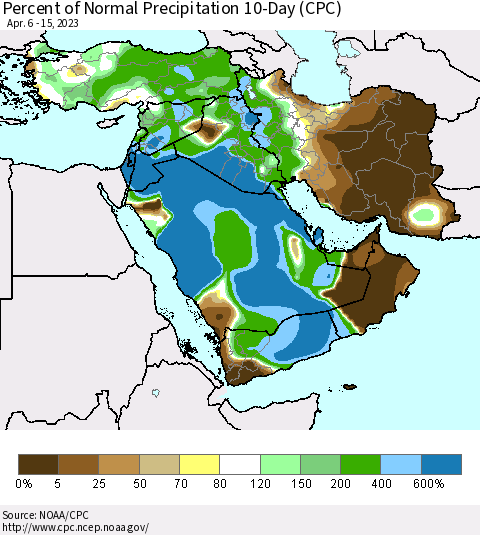 Middle East and Turkey Percent of Normal Precipitation 10-Day (CPC) Thematic Map For 4/6/2023 - 4/15/2023