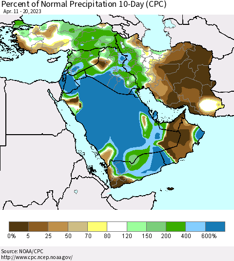 Middle East and Turkey Percent of Normal Precipitation 10-Day (CPC) Thematic Map For 4/11/2023 - 4/20/2023