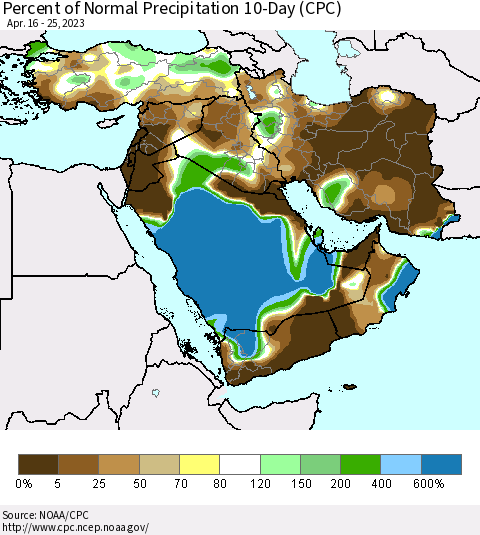 Middle East and Turkey Percent of Normal Precipitation 10-Day (CPC) Thematic Map For 4/16/2023 - 4/25/2023