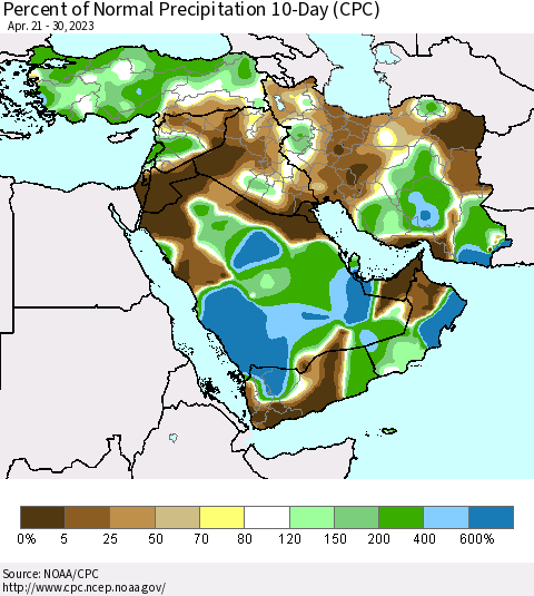 Middle East and Turkey Percent of Normal Precipitation 10-Day (CPC) Thematic Map For 4/21/2023 - 4/30/2023