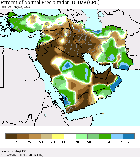 Middle East and Turkey Percent of Normal Precipitation 10-Day (CPC) Thematic Map For 4/26/2023 - 5/5/2023