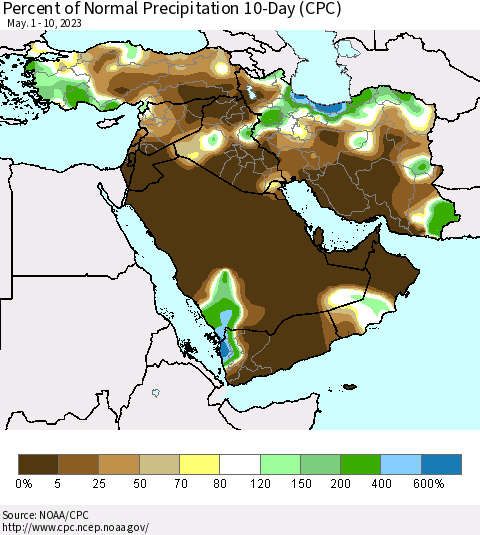 Middle East and Turkey Percent of Normal Precipitation 10-Day (CPC) Thematic Map For 5/1/2023 - 5/10/2023