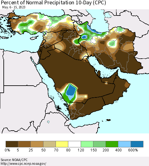 Middle East and Turkey Percent of Normal Precipitation 10-Day (CPC) Thematic Map For 5/6/2023 - 5/15/2023
