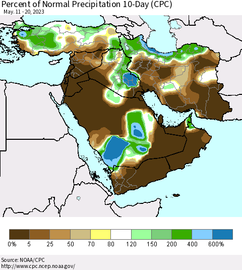 Middle East and Turkey Percent of Normal Precipitation 10-Day (CPC) Thematic Map For 5/11/2023 - 5/20/2023