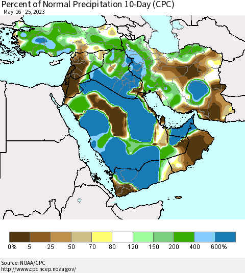 Middle East and Turkey Percent of Normal Precipitation 10-Day (CPC) Thematic Map For 5/16/2023 - 5/25/2023