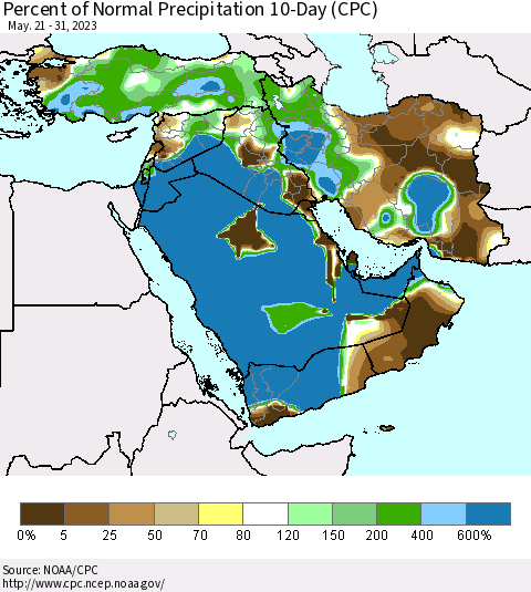 Middle East and Turkey Percent of Normal Precipitation 10-Day (CPC) Thematic Map For 5/21/2023 - 5/31/2023