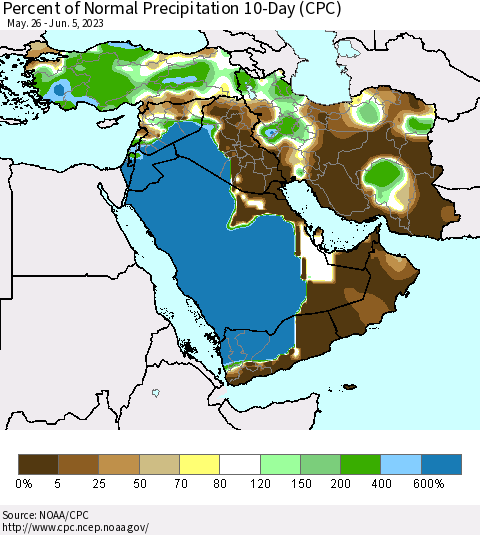 Middle East and Turkey Percent of Normal Precipitation 10-Day (CPC) Thematic Map For 5/26/2023 - 6/5/2023