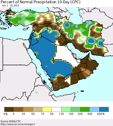 Middle East and Turkey Percent of Normal Precipitation 10-Day (CPC) Thematic Map For 6/1/2023 - 6/10/2023