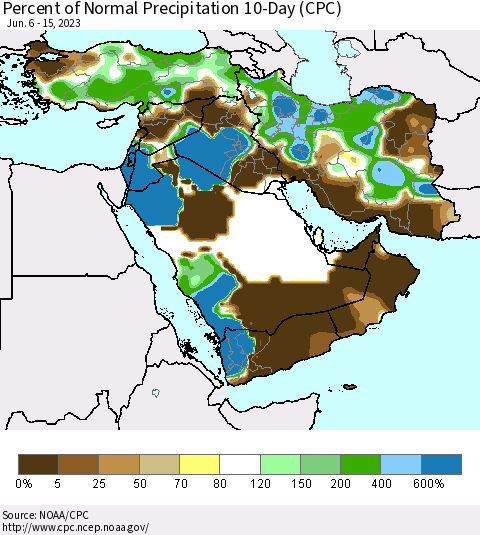 Middle East and Turkey Percent of Normal Precipitation 10-Day (CPC) Thematic Map For 6/6/2023 - 6/15/2023